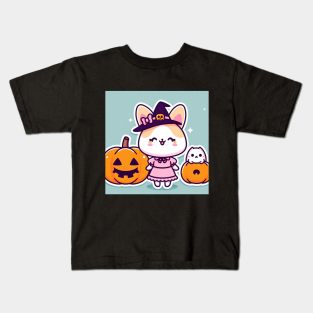 cute kawaii cartoon kitty cat with a hat for halloween with pumpkin Kids T-Shirt